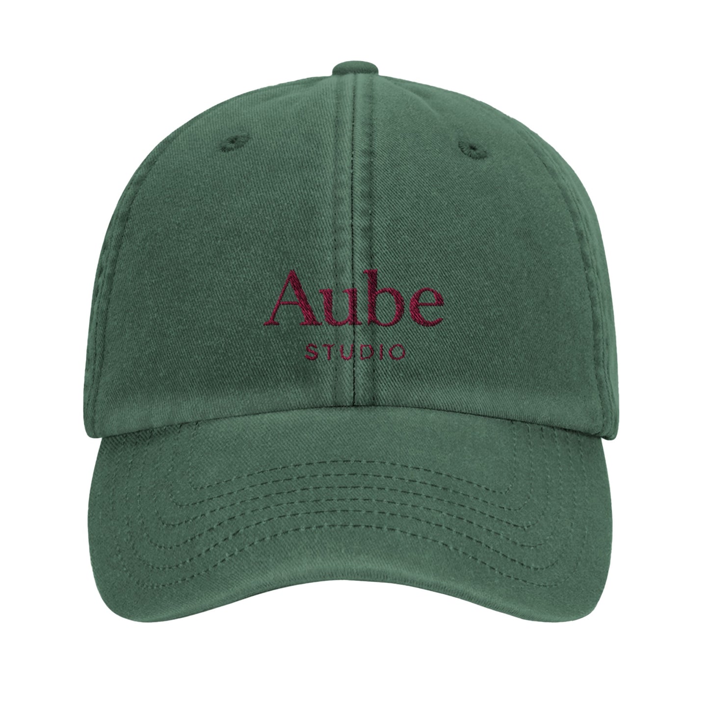 Aube Baseball Cap Pink Embroidery by Aube Studio in Vintage Bottle Green - Front view - Unisex oversized fit - Aube Studio
