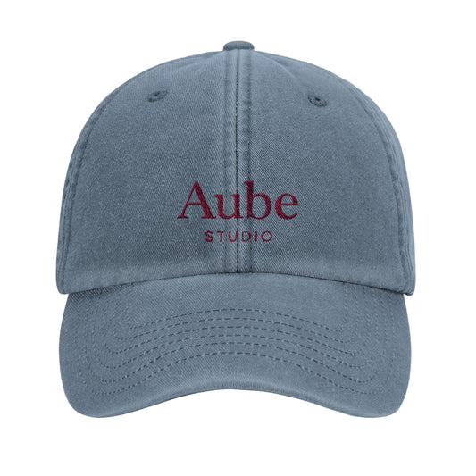 Aube Baseball Cap Pink Embroidery by Aube Studio in Vintage Light Denim - Front view - Unisex oversized fit - Aube Studio