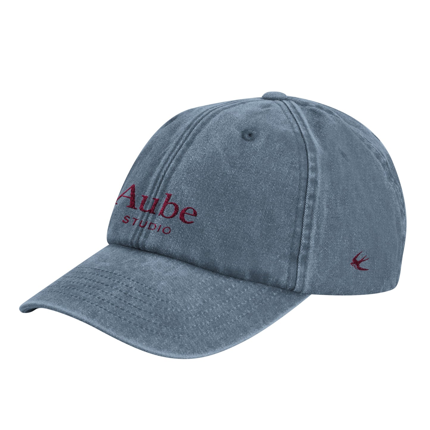 Aube Baseball Cap Pink Embroidery by Aube Studio in Vintage Light Denim - Side left view - Unisex oversized fit - Aube Studio