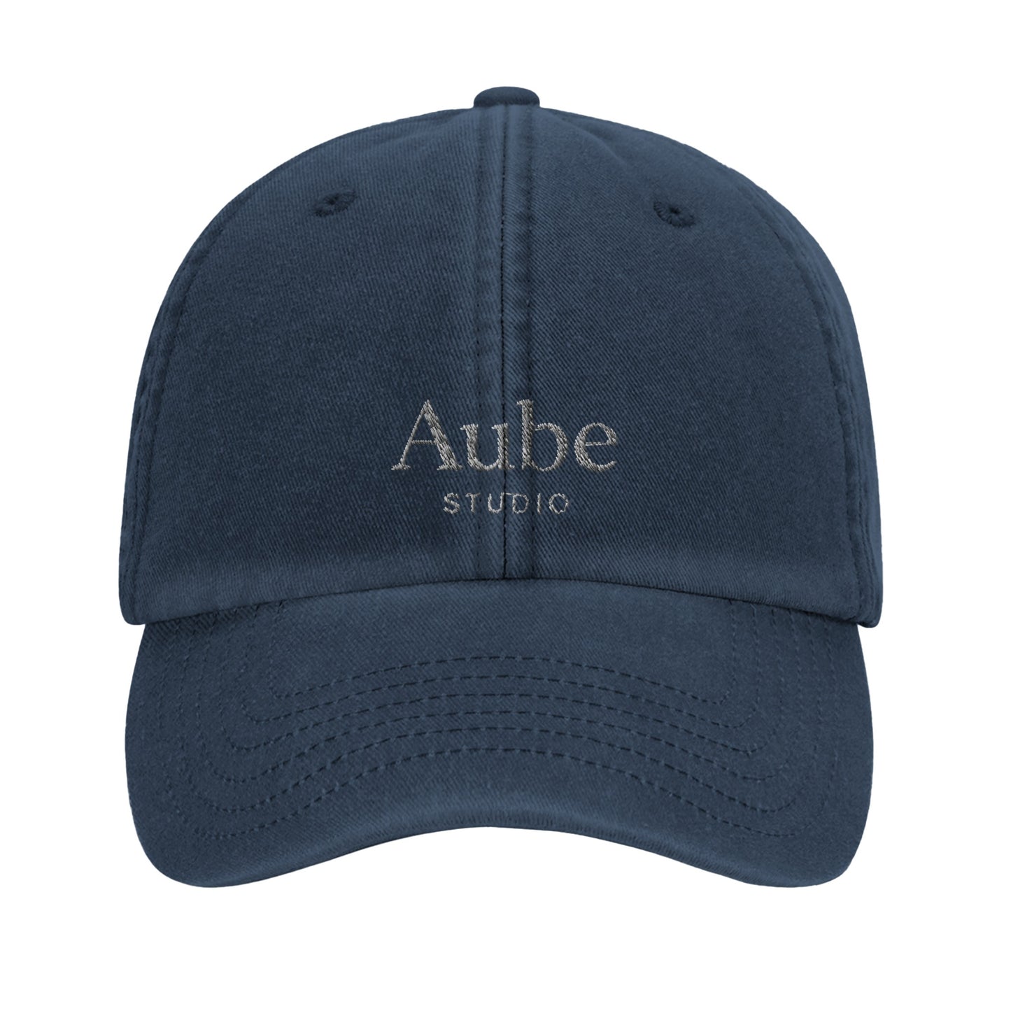Aube Baseball Cap White Embroidery by Aube Studio in Vintage Denim - Front view - Unisex oversized fit - Aube Studio