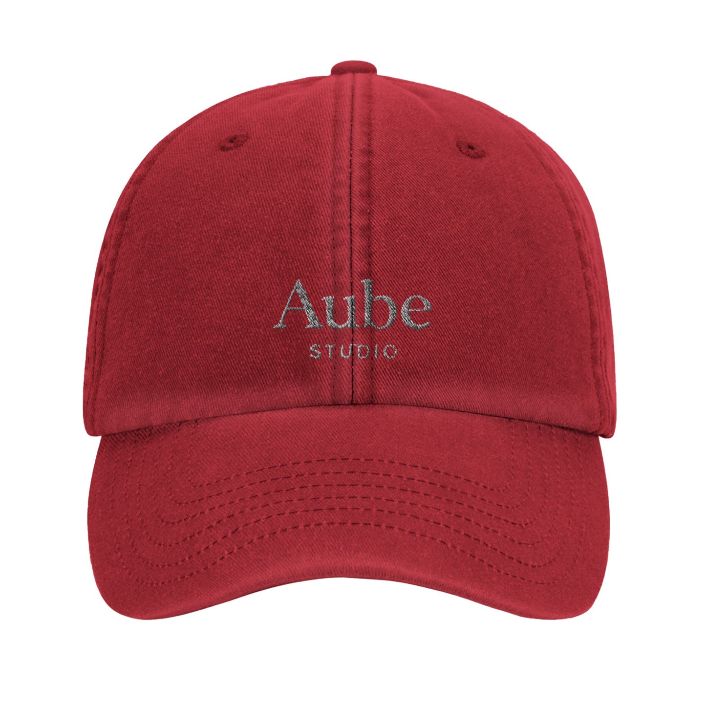 Aube Baseball Cap White Embroidery by Aube Studio in Vintage Red - Front view - Unisex oversized fit - Aube Studio