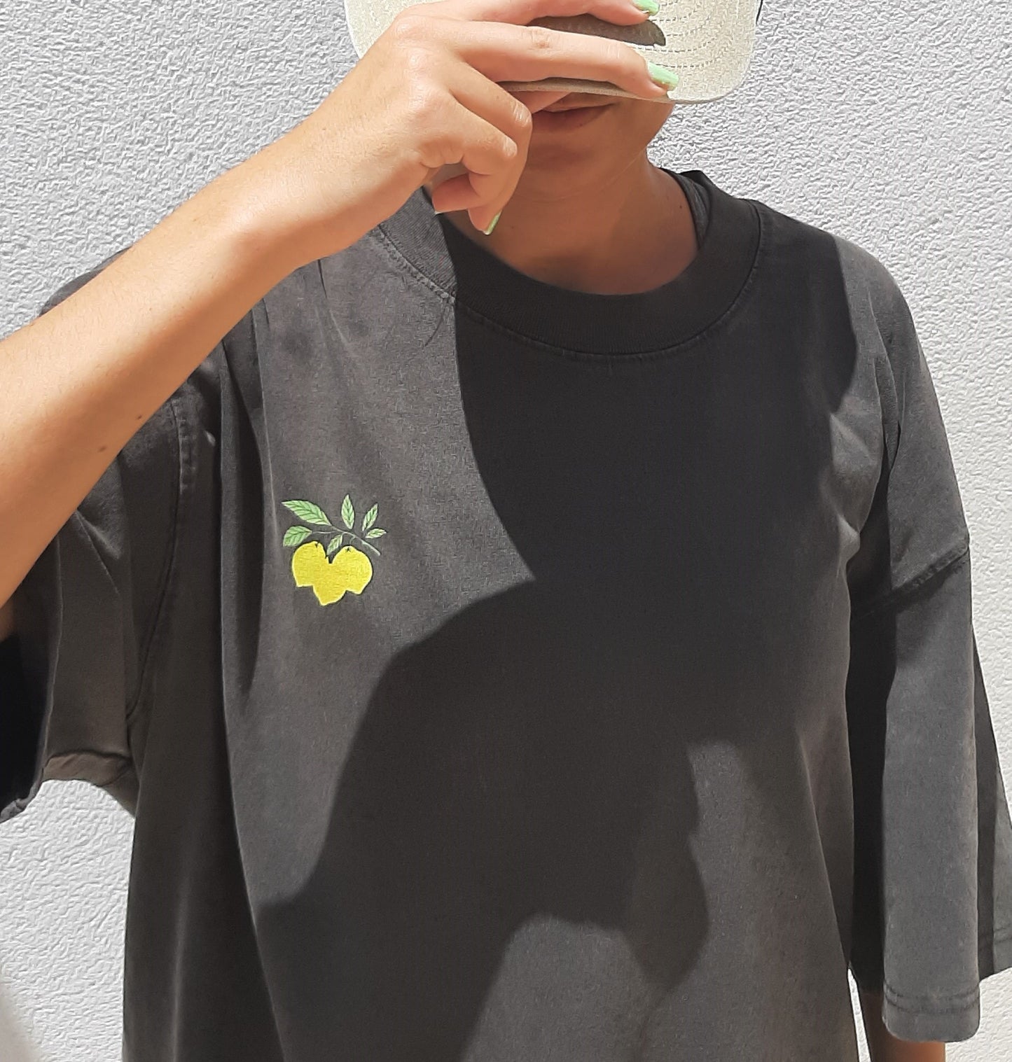 Lemons by Aube Studio in Dark Gray - Worn front view - Unisex oversized fit - Aube Studio