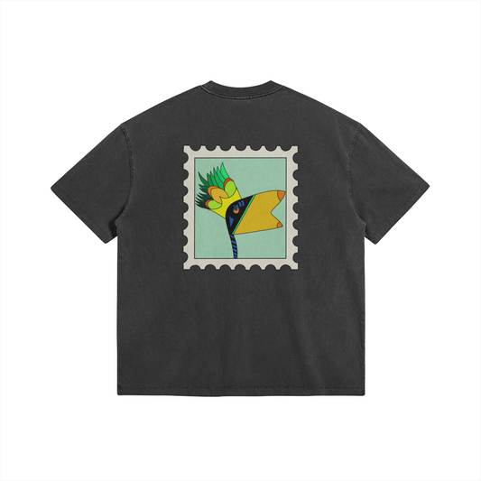 Flat lay back view of Oversized unisex cotton t-shirt in dark gray – Black Pelican design – Aube Studio