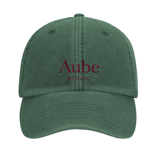 Aube Baseball Cap Pink Embroidery by Aube Studio in Vintage Bottle Green - Front view - Unisex oversized fit - Aube Studio