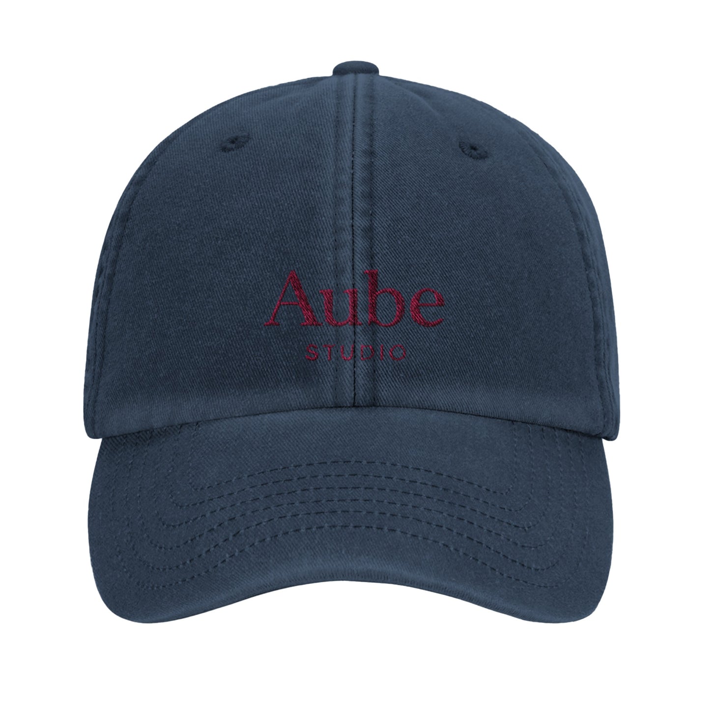 Aube Baseball Cap Pink Embroidery by Aube Studio in Vintage Denim - Front view - Unisex oversized fit - Aube Studio