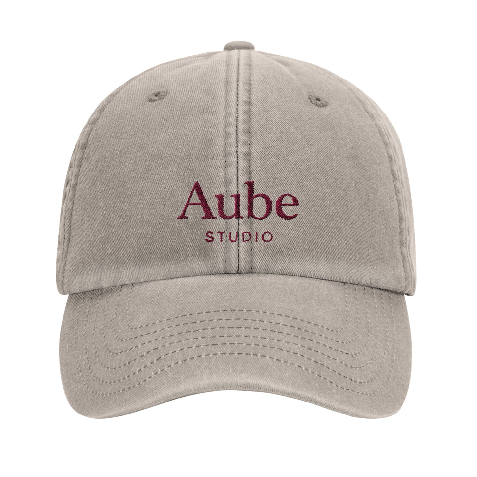 Aube Baseball Cap Pink Embroidery by Aube Studio in Vintage Stone - Front view - Unisex oversized fit - Aube Studio