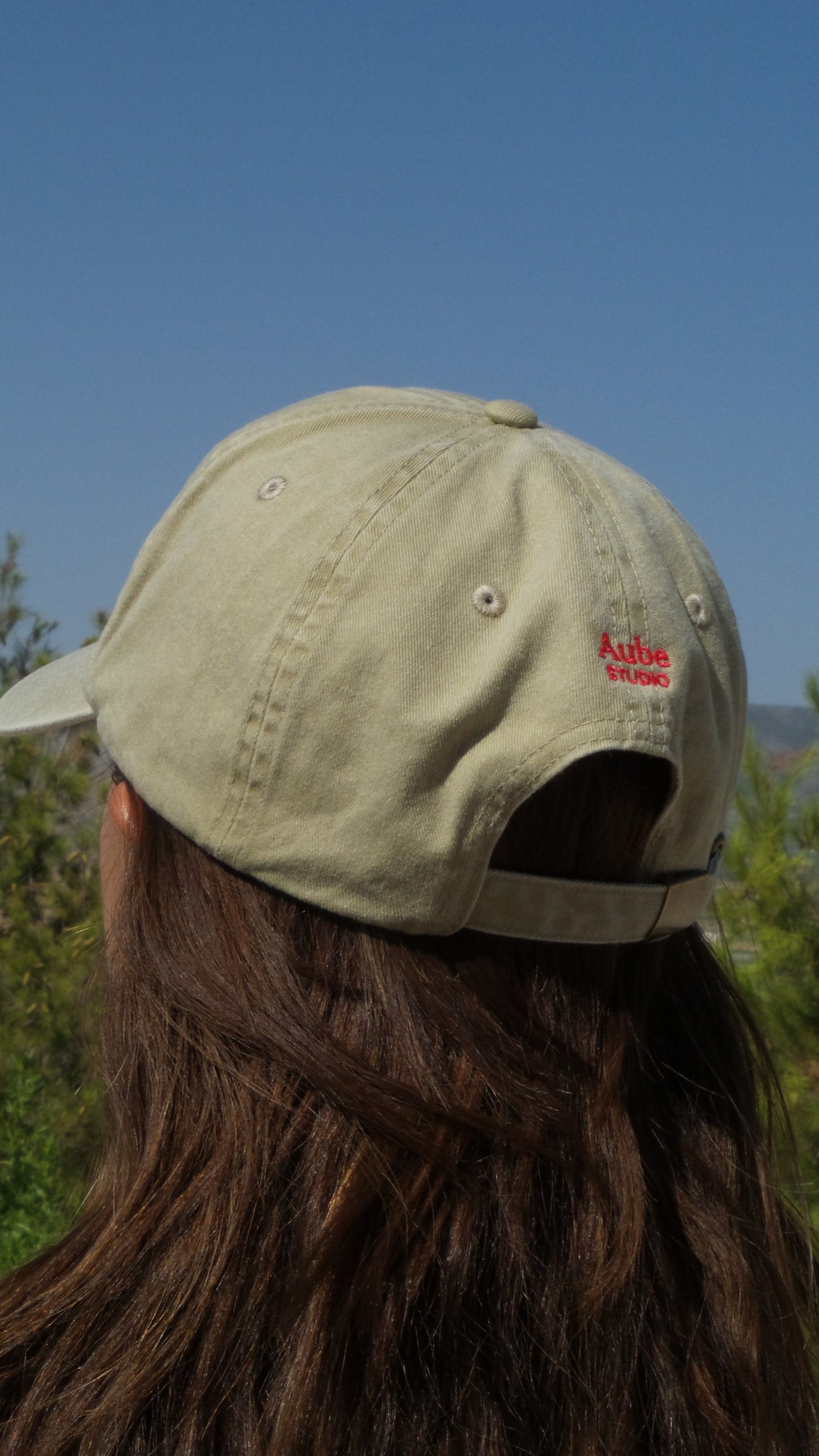 Aube Baseball Cap by Aube Studio in Vintage Stone - Worn side view - Unisex oversized fit - Aube Studio