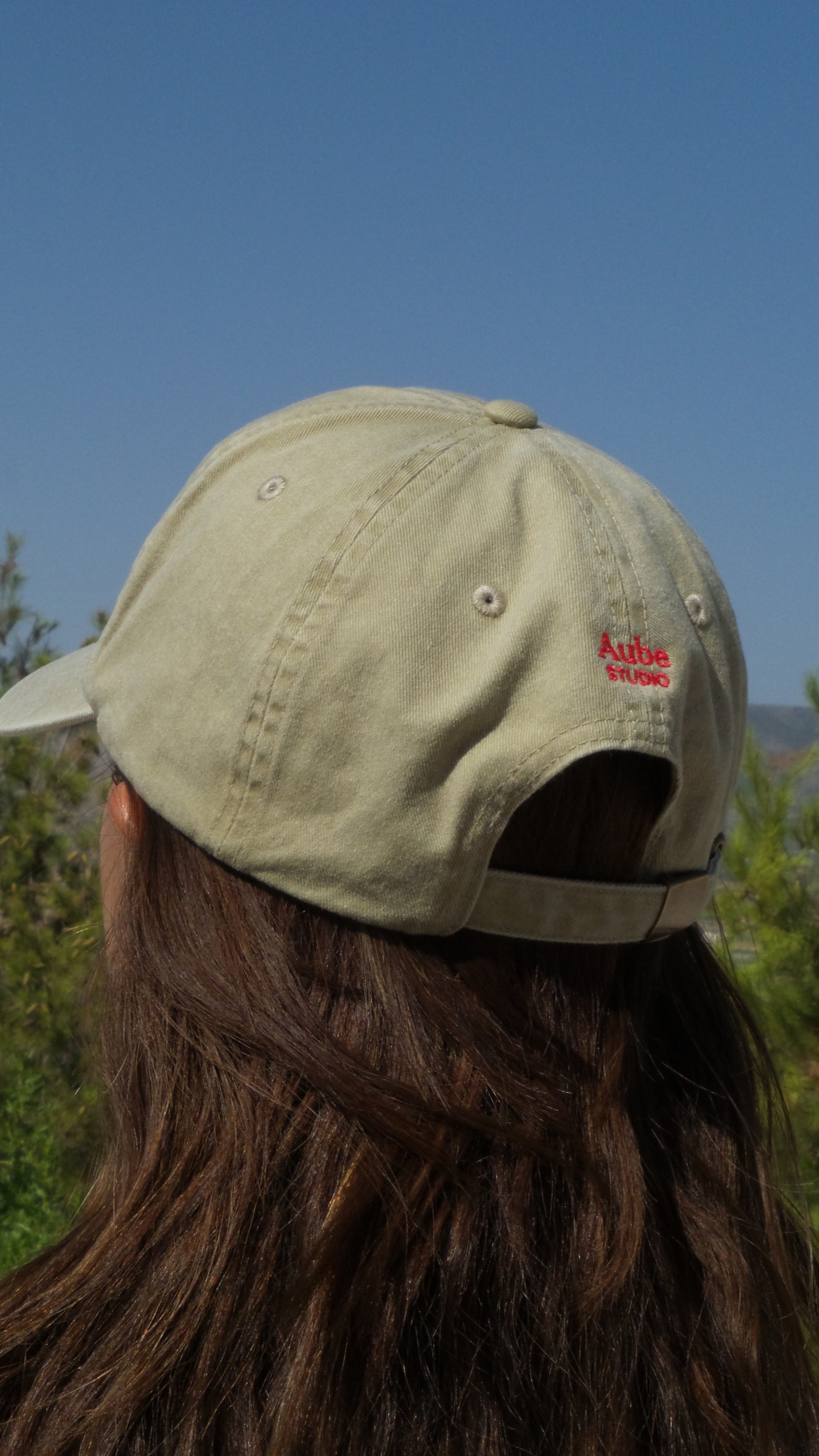 Aube Baseball Cap by Aube Studio in Vintage Stone - Worn side view - Unisex oversized fit - Aube Studio