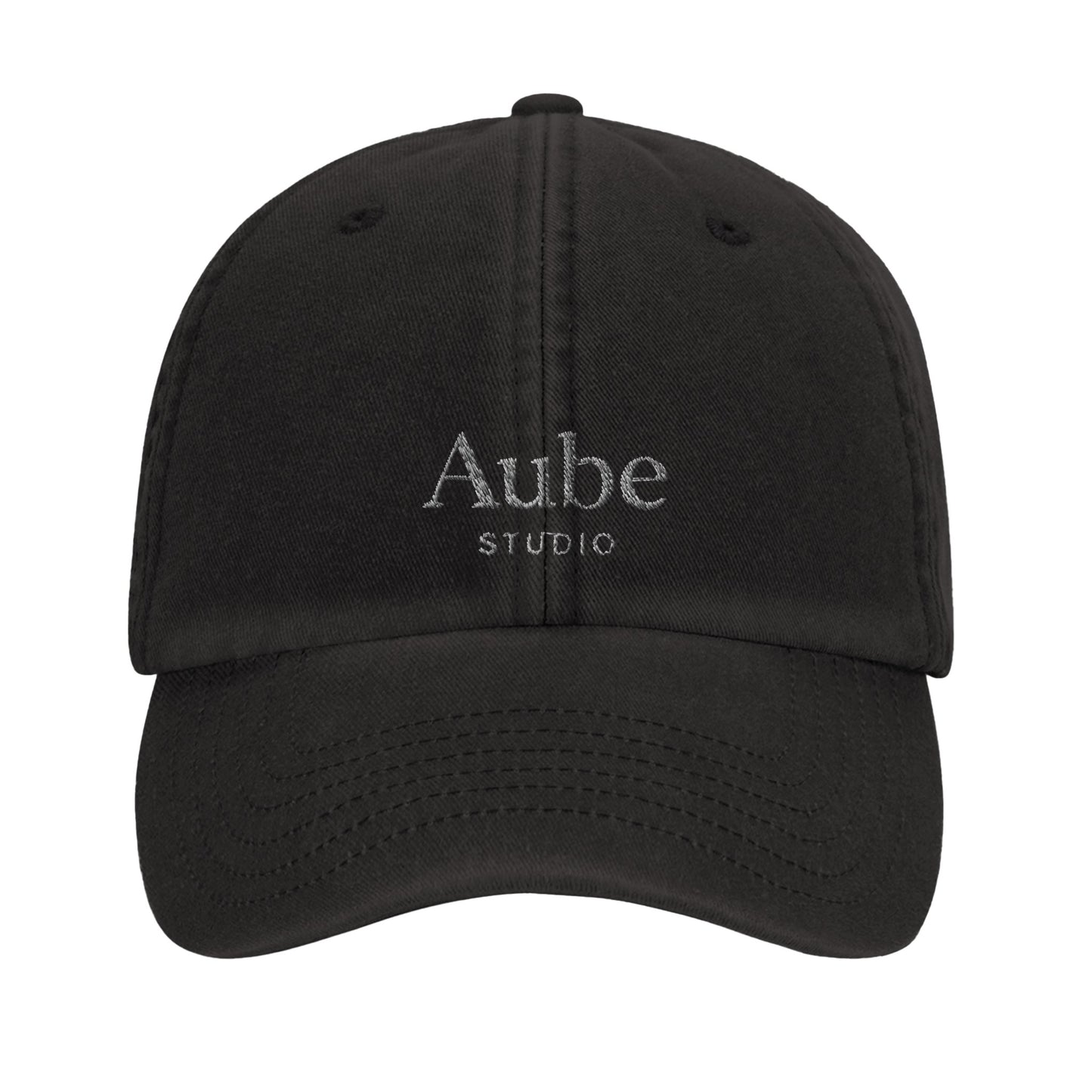 Aube Baseball Cap White Embroidery by Aube Studio in Vintage Black - Front view - Unisex oversized fit - Aube Studio