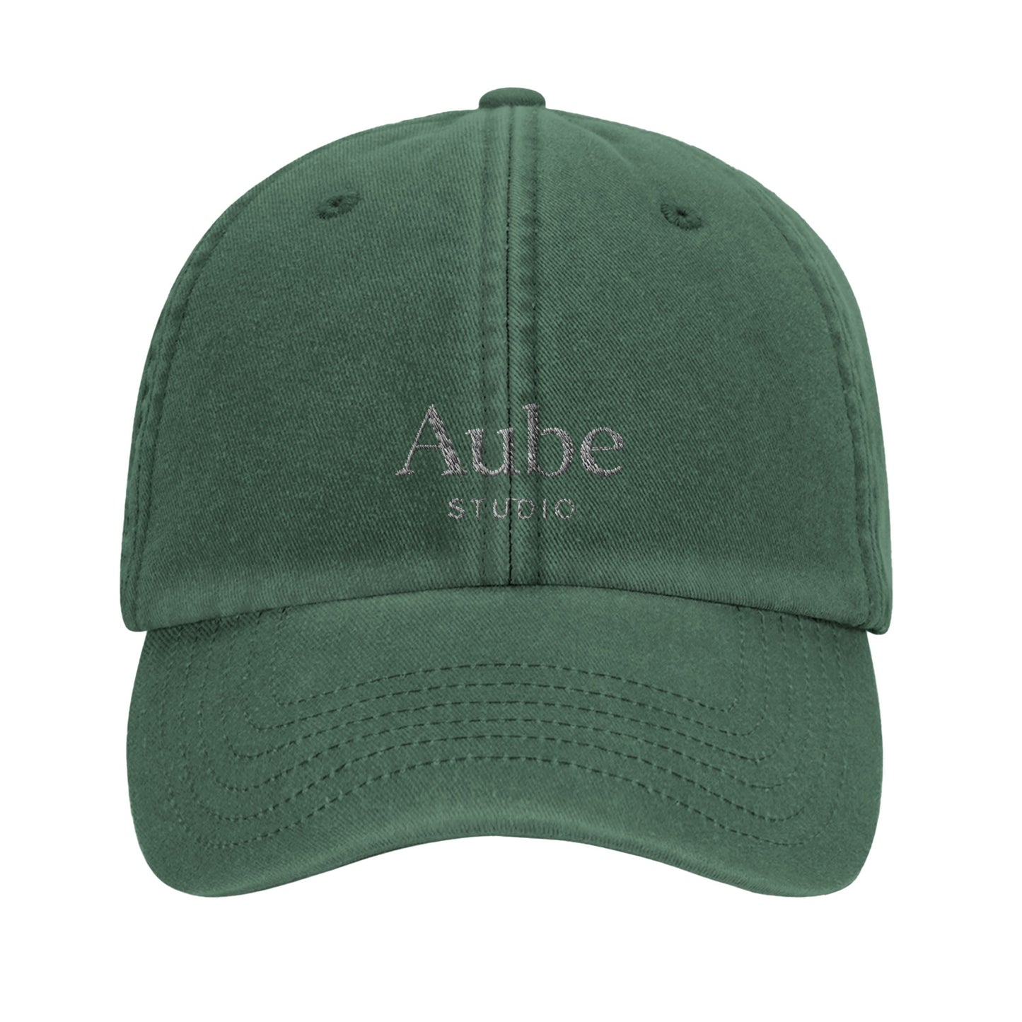 Aube Baseball Cap White Embroidery by Aube Studio in Vintage Bottle Green - Front view - Unisex oversized fit - Aube Studio