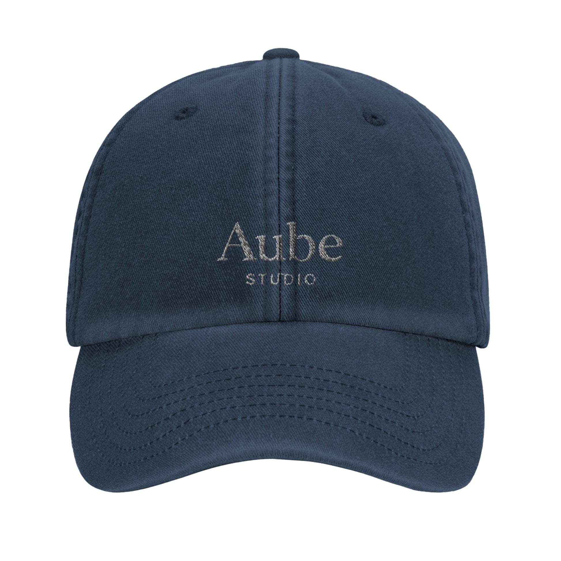Aube Baseball Cap White Embroidery by Aube Studio in Vintage Denim - Front view - Unisex oversized fit - Aube Studio