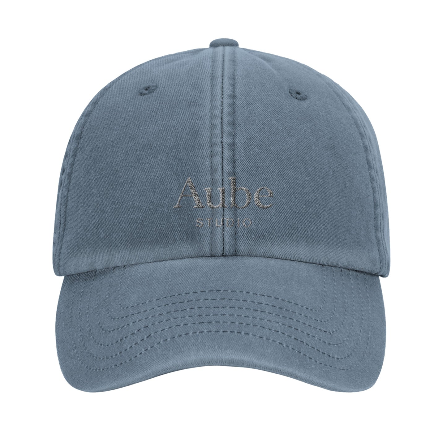 Aube Baseball Cap White Embroidery by Aube Studio in Vintage Light Denim - Front view - Unisex oversized fit - Aube Studio