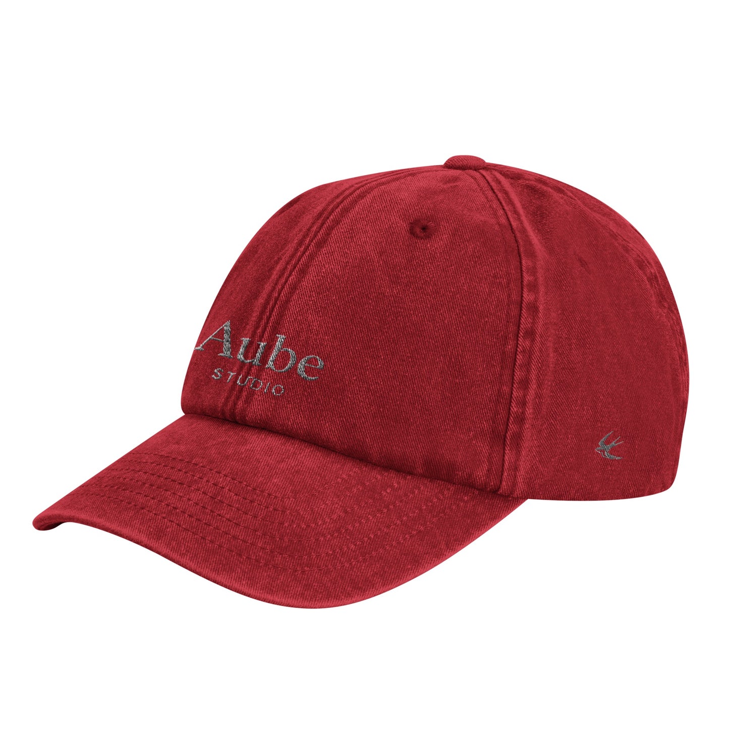 Aube Baseball Cap White Embroidery by Aube Studio in Vintage Red - Side left view - Unisex oversized fit - Aube Studio