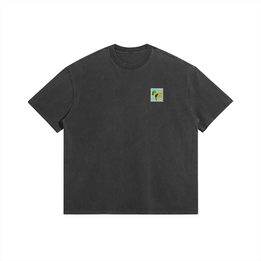 Flat lay front view of Oversized unisex cotton t-shirt in dark gray – Black Pelican design – Aube Studio